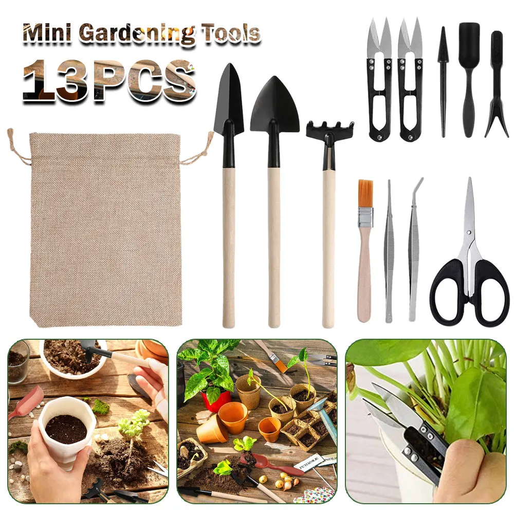 Gardening Tools Kit For Home Garden - ชุดเครื่องมือปลูกพืชอวบน้ำ13ชิ้นสำหรับปลูกในบ้านและสวนในร่มเครื่องมือปลูกกระบองเพชรสีดำ