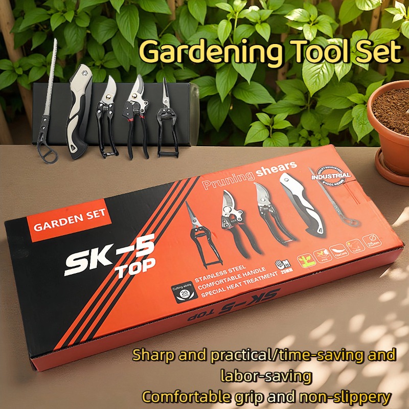 Gardening Tools Kit For Home Garden - ชุดเครื่องมือทำสวน 5 ชิ้น พร้อมกรรไกรตัดกิ่งและเลื่อยพับสำหรับงานสวนในบ้าน